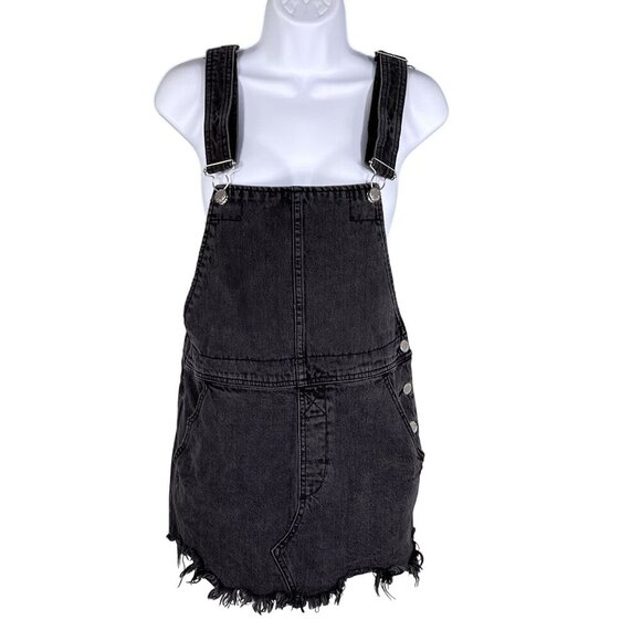 Free People Womens 4 Black Denim Overall Dress Frayed Hem Mini Jumper Grunge - Picture 3 of 15
